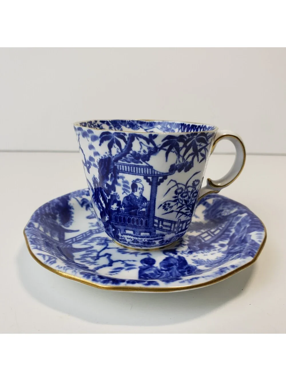 Vintage Royal Crown Derby Blue Mikado Demitasse Teacup & Saucer Set Chinoiserie